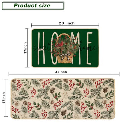 Baccessor Green Christmas Kitchen Rugs Winter Set of 2 17x29 and 17x47 Inch - color: Green Home Sweet Home