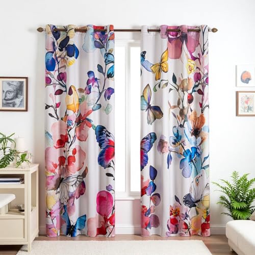 Pink Floral 100% Blackout Curtains 63 inch Length 2 Panels Black Out Drapes Colorful Butterfly Vintage Flower Pattern Thermal Insulated Window Treatment Curtain for Bedroom Living Room 52 x 63 Inch - color: Colorful, size: 52"W x 63"L (Pack of 2)