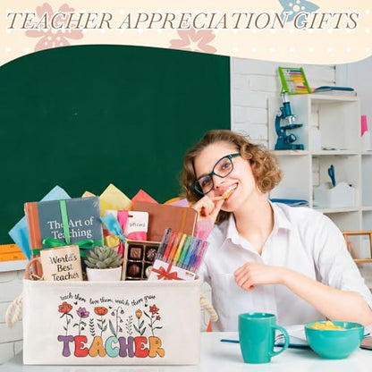 Marsui 1 Pcs Teacher Gift Basket Foldable Linen Storage Basket with Handles - color: White Brown, size: Teacher