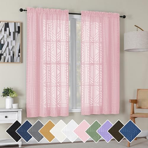 Simplebrand Blush Semi Sheer Curtains 63 Inch Length 2 Panels, Light Filtering Geometric Jacquard Clip Textured Short Sheer Curtains for Bedroom，Modern Elegant Window Curtains Drapes，42x63 inch - color: Blush, size: 42"W x 63"L (Pack of 2)