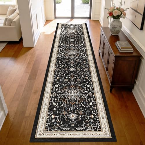 nesrt Boho Washable Hallway Runner Rug 2x10, Soft Non-Slip Extra Long Kitchen Carpet, Black Vintage Geometric Entrance Floor Runner for Bedroom Bathroom Stairway, Large Indoor Entryway Decor - color: Black, size: 2' x 10' (Rectangular)