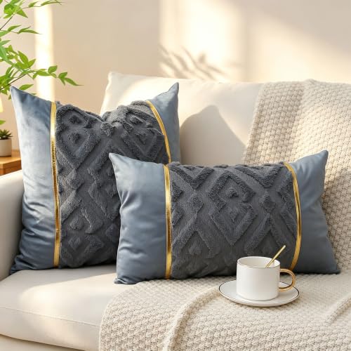 Luxury Patchwork Tufted Throw Pillow Cover 18x18 Inch Set of 2 - color: Blue Gery, size: 18" x 18" (Pack of 2)