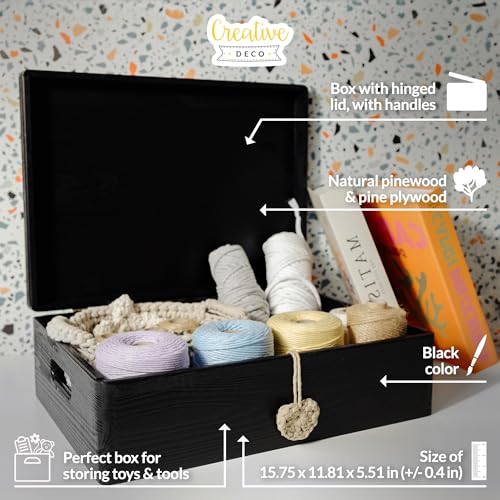 Creative Deco XL Black Wooden Box Storage with Hinged Lid - color: Black, size: XL | Handles