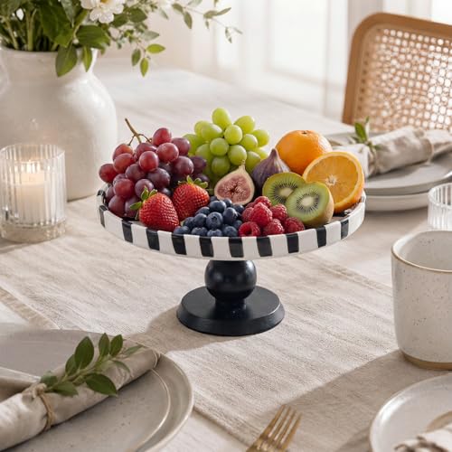 Pedestal Ceramic Fruit Bowl 7.3" Black Striped Decorative Bowl Modern Serving Tray for Kitchen Counter, Bread Fruit Salad Dessert Display Trays, Chic Key Holder for Entry Table Home Decor