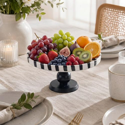 Pedestal Ceramic Fruit Bowl 7.3" Black Striped Decorative Bowl Modern Serving Tray for Kitchen Counter, Bread Fruit Salad Dessert Display Trays, Chic Key Holder for Entry Table Home Decor