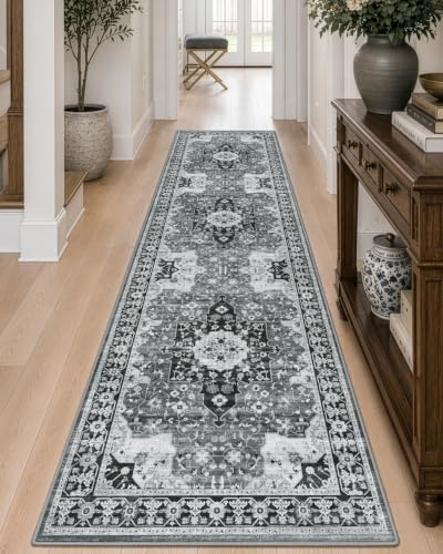 DEXI Hallway Runner Rug Non Slip Washable 3x12, Vintage Floral, White Grey - color: White Grey, size: 3' x 12' (Runner)