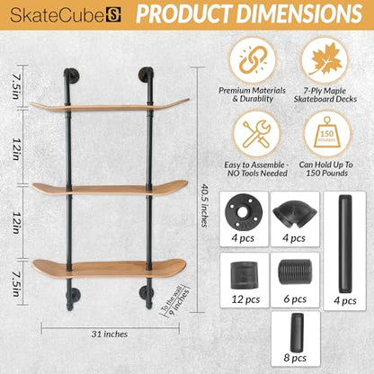 Industrial Pipe Floating Shelf, 3 Tier, Skateboard Decks, Easy Assembly - size: 3 Tier Shelf