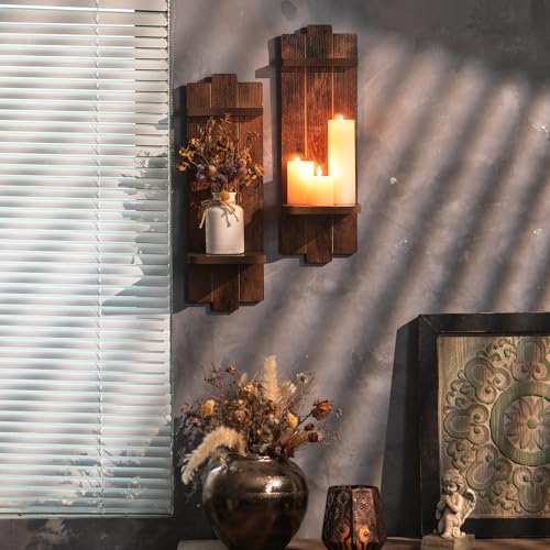 Large Wall Candle Sconces Set of 2: Wood Shelf Distressed Brown - color: Brown, size: 19.7in x 6.3in
