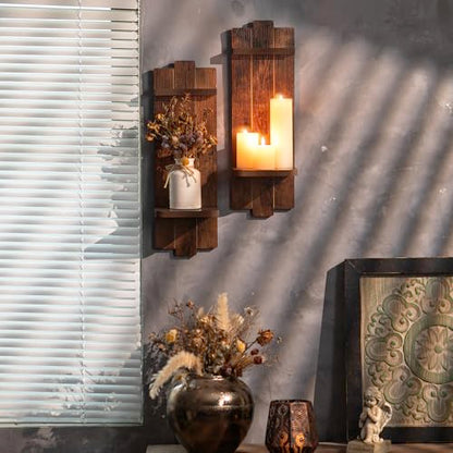 Large Wall Candle Sconces Set of 2: Wood Shelf Distressed Brown - color: Brown, size: 19.7in x 6.3in