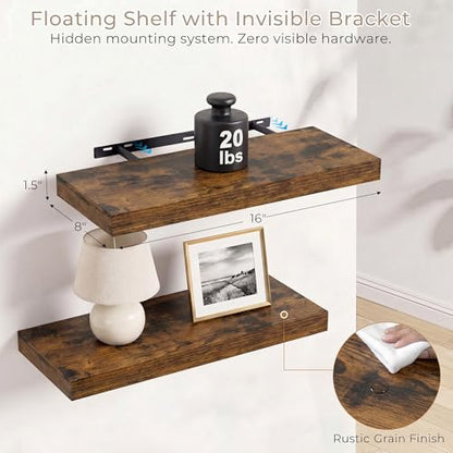 Vivelove Deep Floating Shelves, 16 x 8, Rustic Brown, Set of 2 - color: Rustic Brown, size: 16"Wx8"Dx1.4"H