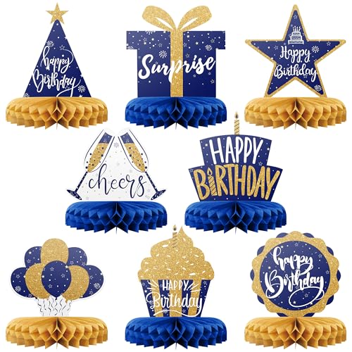Happy Birthday Table Decoration Centerpieces - 8 Pieces, Blue & Gold - Double-Sided Happy Birthday Centerpieces for Tables - Party Supplies for Elegant Birthday Decorations - by PixiPy - style: Blue & Gold (Pack of 8)