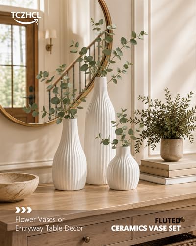 Minimal Line White Ceramic Vase Set of 3, Matte Decorative Flower Vases - color: White