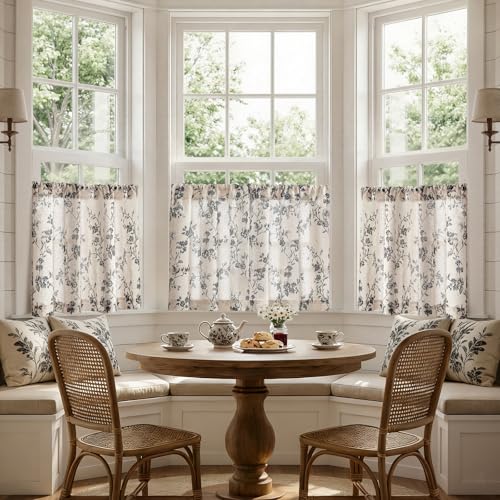 jinchan Floral Linen Kitchen Tier Curtains, 30 Inch, 2 Panels, Black - color: Alisa Black, size: 26"W x 30"L (Pack of 2)