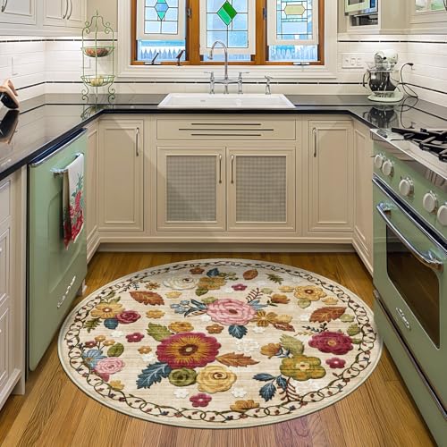 Washable 4ft Round Area Rug, Beige Boho Floral Non-Slip for Bedroom Kitchen - color: Beige, Cream, Mustard, Brick Red and Blue, size: 4' (Round)