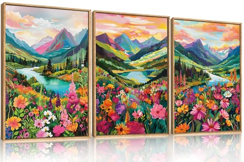 Celestdeco Colorful Mountain Floral Framed Canvas Wall Art Set-24"x36"x3 - color: Colorful Wildflowers Wall Art, size: 24"L x 36"W