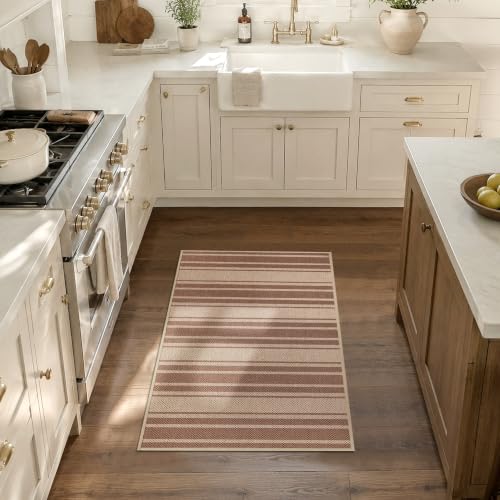 Easy Jute Kitchen Rug 2x3 Front Door Mat Washable Non Slip Entryway Rug Farmhouse Neutral Low Pil Carpet for Entryway Proch Doorway - color: Brown/Striped, size: 2'*3'(Rectangular)