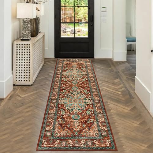 U'Artlines 2' x 6' Boho Hallway Runner Rug, Washable Carpet, Rust＆Teal - color: Rust＆teal, size: 2' x 6' (Runner)