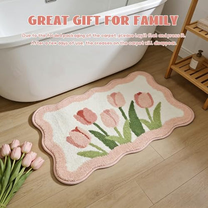 Pink Tulip Bath Mat 32x20, Soft Fluffy Fresh Flowers Bathroom Rug - color: Wave Pink