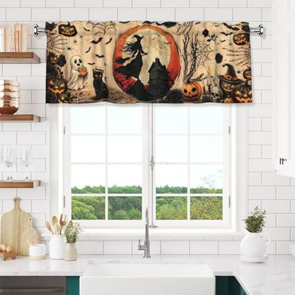 Halloween Witch Valances for Windows Rod Pocket Curtain Valance 1 Panel Short Curtains for Kitchen Bathroom Living Room Bedroom Window Treatments - color: Halloween Witch