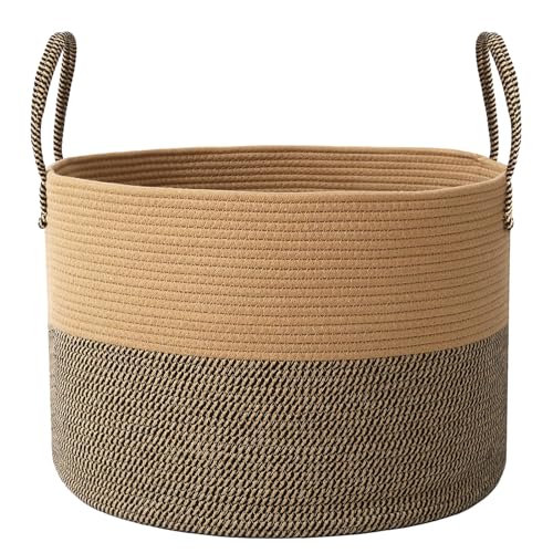 JMvicyroam 65L Extra Large Machine Washable Cotton Rope Blanket Basket - color: Jute&Black, size: 65L