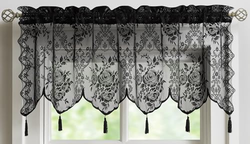 LinenZone 54x22 Black Sheer Lace Valance with 6 Tassels. (Luna 54x22,Black) - color: Black, size: 54"W x 22"L (Pack of 1)