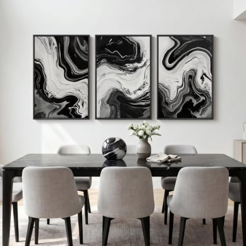 Large Framed Black and White Modern Abstract Wall Art Set of 3, 24x36 In - color: Black and White D, size: 24" W x 36" H x 3Pcs