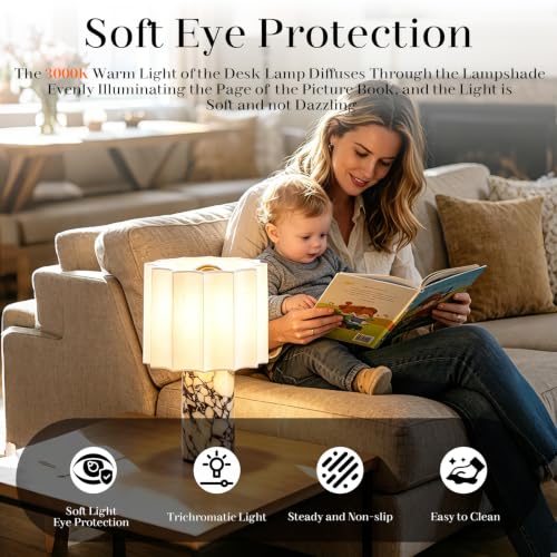 Marble Touch Table Lamp USB Rechargeable Cordless Bedroom Bedside Small Glow Night Light Stone Base and Linen Fabric Shades - color: Rice White