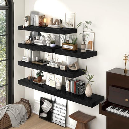 36 Inch Long Floating Shelves for Wall Set of 2, 12"D Wood Grain Shelves - color: Black, size: 36"Wx12"Dx2"H, 2P