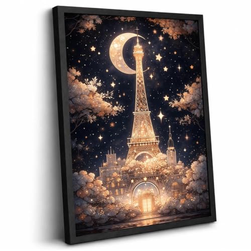 Framed Canvas Wall Art Paris Eiffel Tower Moon Night Wall Decor, 12x16 Inch - color: Gold2