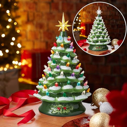 Casafield Hand Painted Ceramic Christmas Tree, Green Snow Flocked 15-Inch Pre-Lit Tree with 128 Multi-Color Lights and 2 Star Toppers - color: Green Snow Flocked