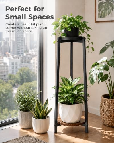 Bamworld Tall Plant Stand 30 Inch 2 Tier Metal Plant Stand with Wood Shelf - color: Brown, size: 2 Tier