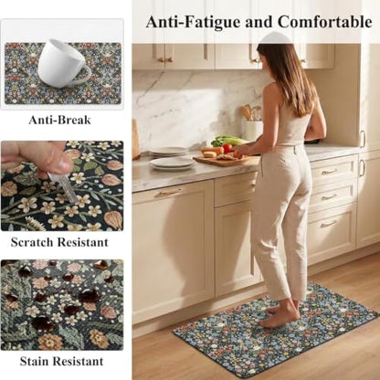 Kitchen Floor Mat 36x20in Waterproof Anti-Fatigue Kitchen Mats - color: Black Flower Clusters