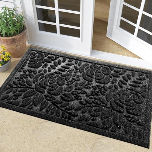 Bulijojo Front Door Mat Entrance,Durable Heavy Duty Welcome Mat,Thick Absorbent Natural Rubber Non Slip Mat,Sturdy Entryway Black Flower,23x35 - color: Black Flower, size: 1'11" x 2'11" (Rectangular)