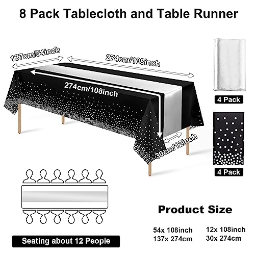 8Pack Disposable Plastic Tablecloths and Satin Table Runner Set Black and Silver Dot Tablecloth Silver Satin Table Runner for Wedding Birthday Baby Shower Anniversary Christmas New Year Party Supply - color: Black and Silver, size: 8 Pack
