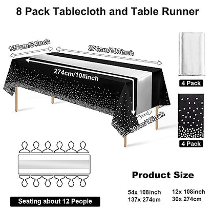 8Pack Disposable Plastic Tablecloths and Satin Table Runner Set Black and Silver Dot Tablecloth Silver Satin Table Runner for Wedding Birthday Baby Shower Anniversary Christmas New Year Party Supply - color: Black and Silver, size: 8 Pack