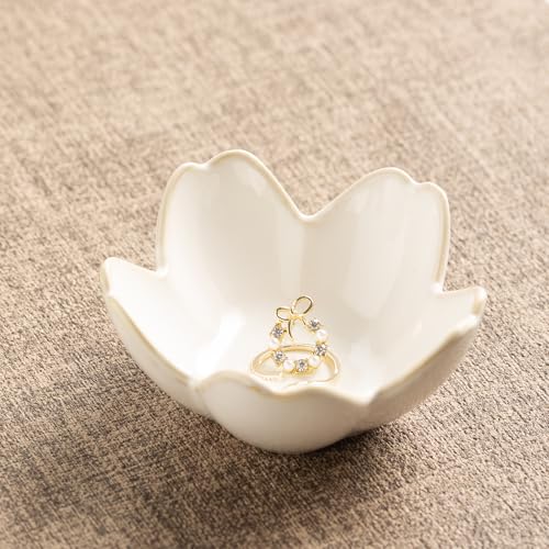 Ceramic Ring Holder Tray, Floral Trinket Bowl for Jewelry - color: white