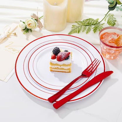 WELLIFE 210 Piece Red Plastic Dinnerware Set, Disposable Plates for Party,Include: 30 Dinner Plates, 30 Dessert Plates, 30 Pre Rolled Napkins with Gold Silverware and 30 Gold Cups - color: Red, style: 210PCS（30 Guests）