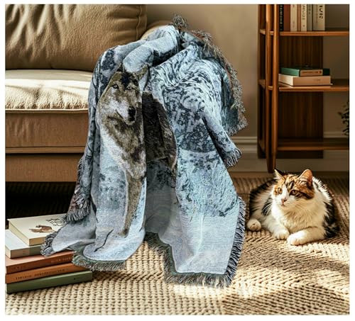 Woodlands Wolf Lodge Woven Tapestry Throw Blanket 50"x60" - color: Wolf