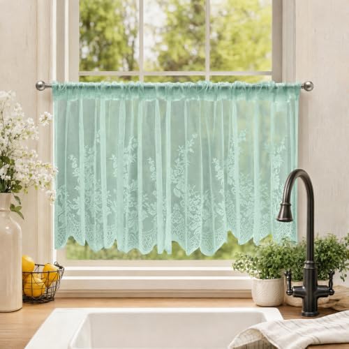 Molaxhome Kitchen Curtains Valance Blue Lace Floral Semi Sheer Curtain - color: Blue-green, size: 54"W x 24"L (Pack of 1)