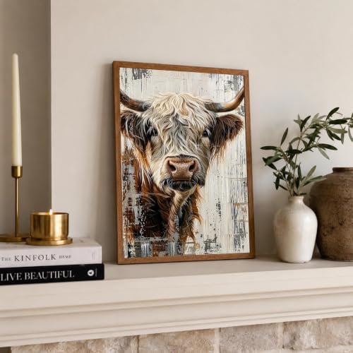 Rustic Highland Cow Framed Wall Art, Farmhouse Canvas Print, 12x16 Inch - color: Brown-Highland cow