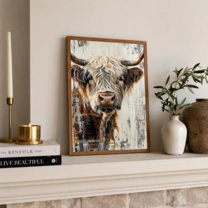 Rustic Highland Cow Framed Wall Art, Farmhouse Canvas Print, 12x16 Inch - color: Brown-Highland cow