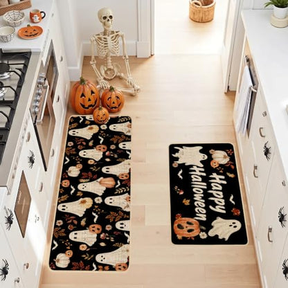 Baccessor Halloween Kitchen Rug Cute Ghost Set of 2,17x29 and 17x47 Inch - color: Cute Ghosts