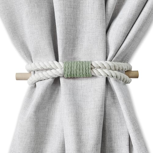 Curtain Tiebacks Rustic Holdbacks for Drapes, Farmhouse Tie Backs for Curtains, Cotton Rope with Wood Club, Natural Boho Decor Shabby Chic Drapery Holder, Pack-2, Sage Green - color: Cotton|sage Green