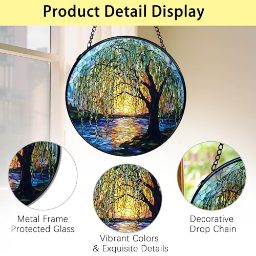 TNUW Willow Tree Stained Glass Window Hanging, Weeping Willow Sun Catchers Indoor Window Glass Round Wall Art Decor, Nature Tree Wall Hanging Decorations, 7.9＂x7.9＂