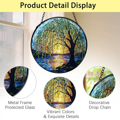 TNUW Willow Tree Stained Glass Window Hanging, Weeping Willow Sun Catchers Indoor Window Glass Round Wall Art Decor, Nature Tree Wall Hanging Decorations, 7.9＂x7.9＂