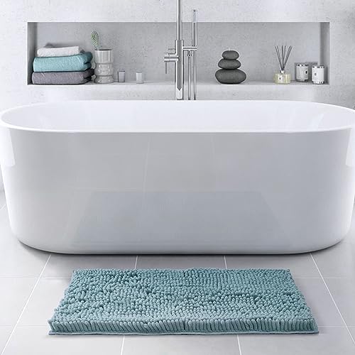 FRESHMINT Chenille Bathroom Rugs Mat 32”x20”, Non-Slip Bath Mat for Bathroom Floor & Bathtub, Washable Soft Shower Shag Bath Rugs, Durable Fluffy Thick Water Absorbent Microfiber Shower Mat, Blue - color: Blue, size: 1'8" x 2'8" (Rectangular)