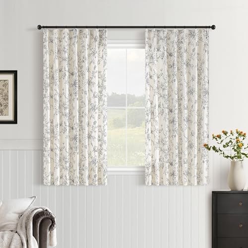 Rustic Boho Black Floral Pinch Pleat Linen Kitchen Curtains 36 Inch Length - color: Black, size: 40"W x 36"L (Pack of 2)