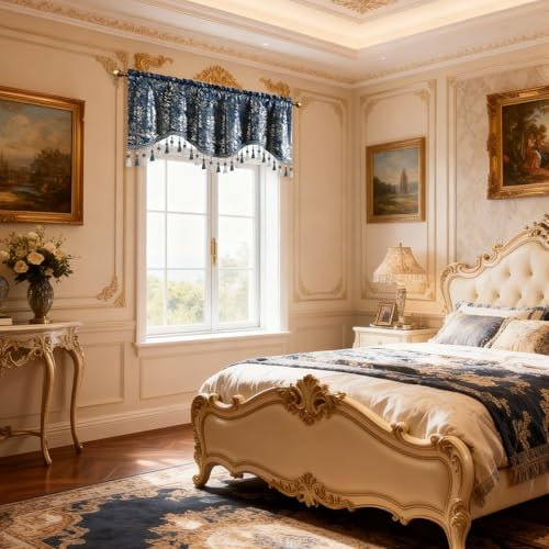 Leeva Navy Velvet Window Valance 52 x 18, 1 Panel, Floral Foil Print - color: Navy