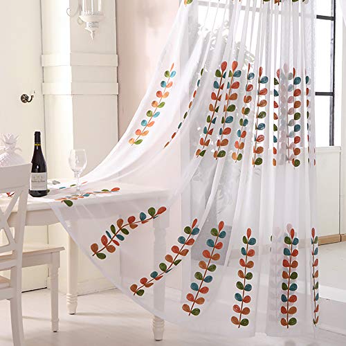 VOGOL Sheer Curtains 96 Inches Long, Colorful Leaves Embroidered Semi Sheer Rod Pocket Drapes for Living Room/Bedroom, 52 X 96, 2 Pieces - color: Matching Sheer, size: 52"W x 96"L (Pack of 2)