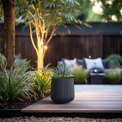 Kante Accent Round Curved Charcoal Concrete Planter 13" Dia, Outdoor - color: Ribbed Charcoal, size: 13" D